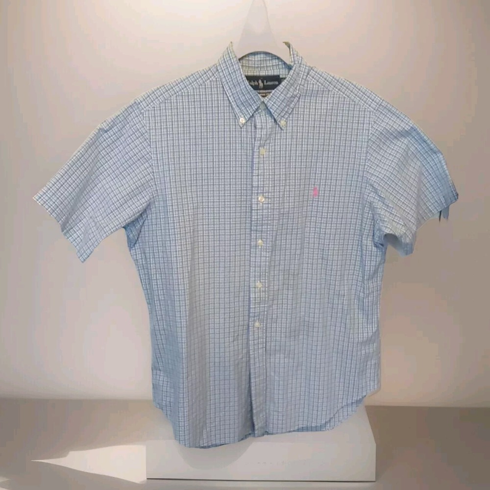Ralph Lauren Shirt Blue Mens Size Medium Short Sleeve Button Front 100% Cotton